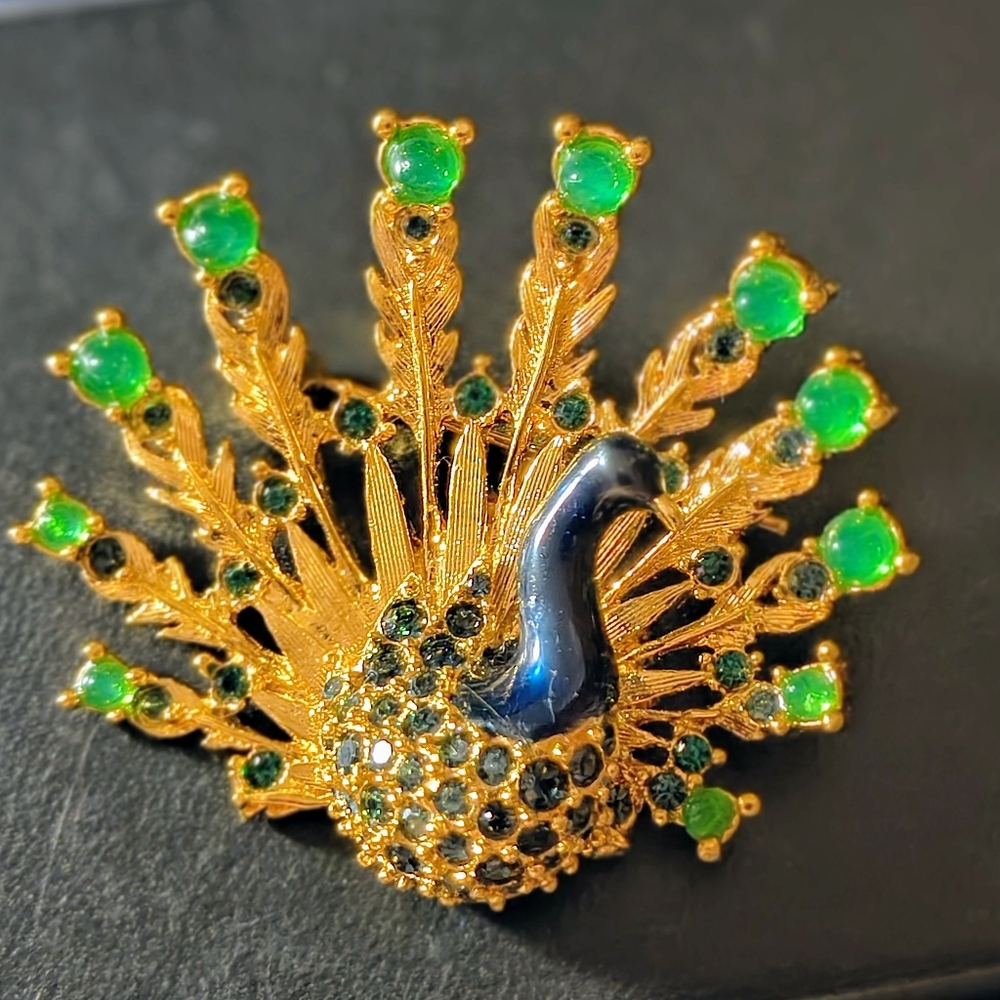 Elegant Gold Green & Blue Peacock Brooch